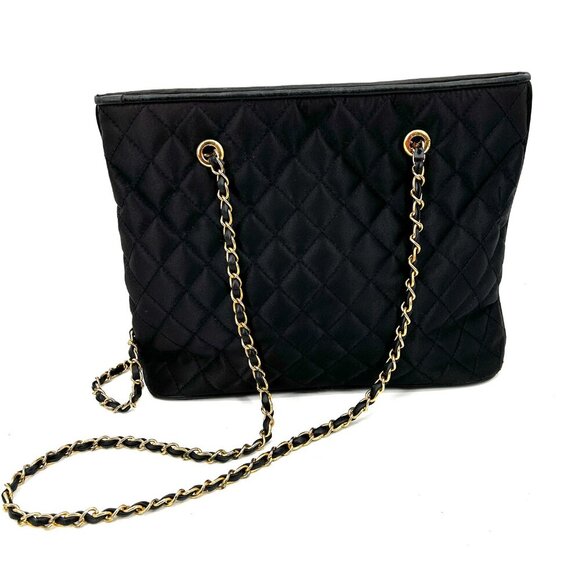 ST. JOHN Vintage Black Gold Tone Quilted Fabric Medium Shoulder Bag Purse - Picture 3 of 14